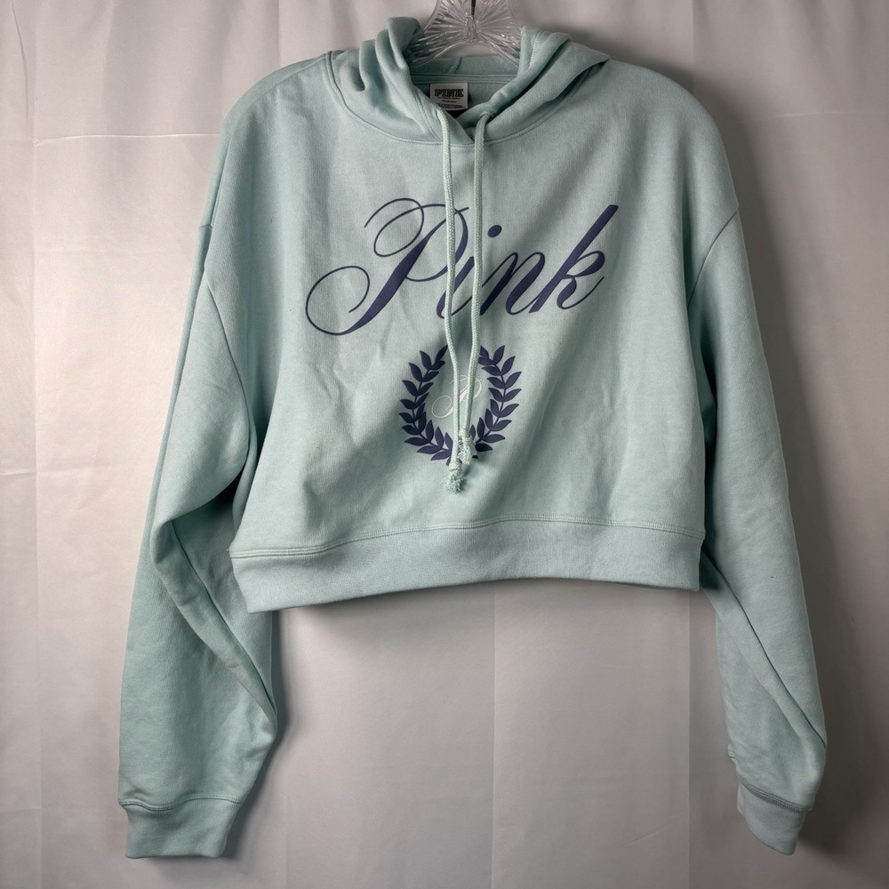 NWT Victoria's Secret Pink Cropped Hoodie‎ Medium Aqua Long Sleeve Pullover New